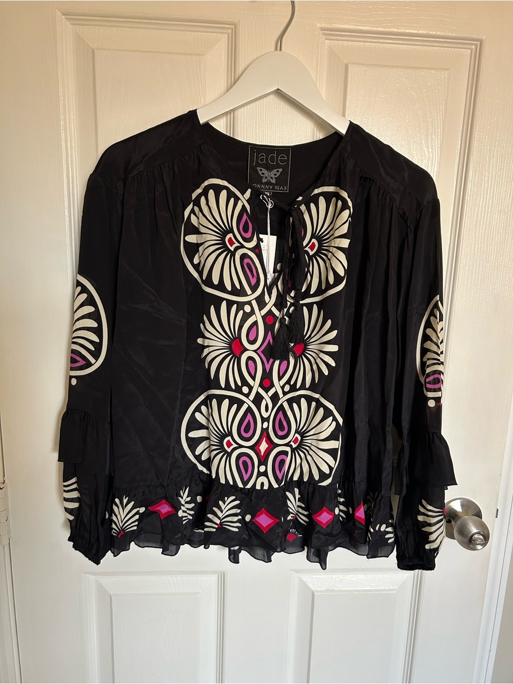 Johnny Was Jade Black Boho Tie-Neck Blouse with Pink & Cream Accents